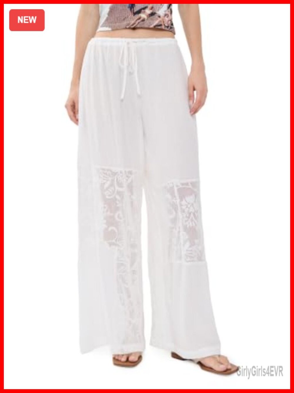 High Rise Loose Fit Trousers with Floral Lace Trim and Drawstring Waist